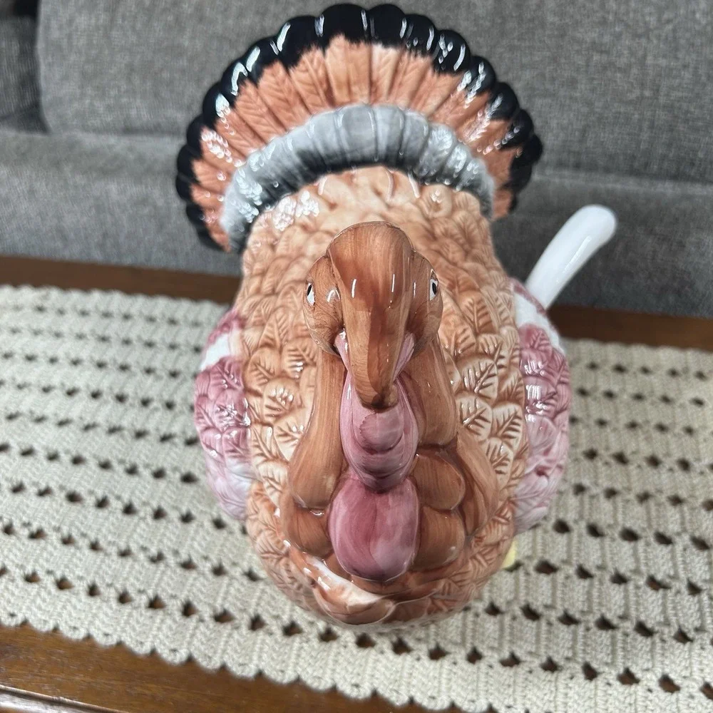 Vtg 2.5 Qt. Ceramic Turkey Soup Tureen with LID and LADLE Farmhouse Country 90s